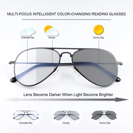 PEEPAI Photochromic Progressive Multifocus Reading Glasses UV400 Aviator Sun Readers Computer Anti Blue Light Glasses for Men Women 3.5
