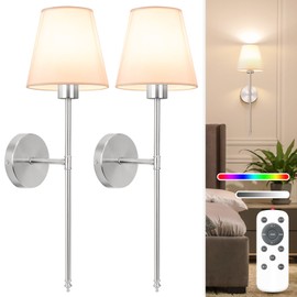NIORSUN Battery Operated Wall Sconce Set of 2,Brushed Nickel Rechargeable Wall Lights with 5200mAh Dimmable Detachable Bulbs and Remote, 10 Colors Wireless Sconces for Bedroom Living Room Hallway