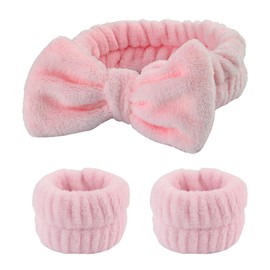 Foruirui Hair Band, Face Wash, Headband, Cute, Wrist Band Included, Prevents Wet Sleeves, For Girls, Bath, Makeup, Soft, Elastic (Pink)