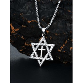 KXJ Classic Star of David Necklace S925 Sterling Silver Jewish Necklace for Men Women Hexagram with Cross Pendant with 22+2 Inches Stainless Steel Rolo Chain Israel Protection Jewelry Gifts for Boys Son Brother Birthday Christmas, Sterling Silver, No Gem