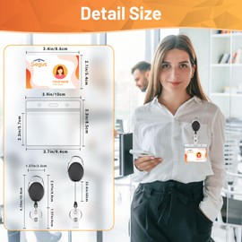 Segus ID Card Holder with Clip, Pack of 10 Card Holders with Drawstring, Badge Holder with Retractable Key Ring, Transparent and Waterproof, for Office, School (Vertical)