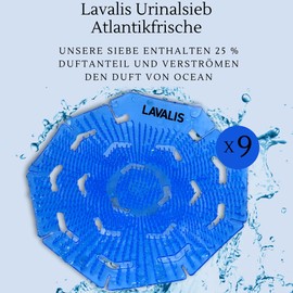 Lavalis Urinal Sieve (Pack of 9) Atlantic Freshness, Splash Guard for Men Toilet, Urinal Insert Mat for Each Urinal, 30 Days Fresh Effect, Round Blue