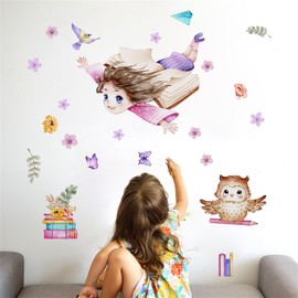 Girl Wall Stickers, Flying Girl Home Decor Wall Decals with Birds Butterfly, Wall Stickers for Girls Bedrooms Living Room Study Room Classroom Wall Decor