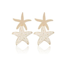 Raffia Starfish Earrings for Women Gold White Starfish Dangle Earrings Raffia Straw Statement Drop Earring Boho Summer Tropical Vacation Earring Beach Jewelry, Large, Alloy Steel, No Gemstone
