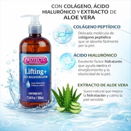 PROTECTO PROFESSIONAL Gel Lifting+ Regenerador Facial y Corporal con Ácido Hialurónico, Colágeno y Sábila, 500ml, Día/Noche, todo tipo de piel