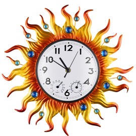 Outdoor Clock Thermometer Combo, Sun Outdoor Wall Clock, Silent Non-Ticking Outdoor Clocks Waterproof for Patio, Garden