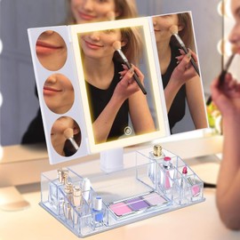 Trifold Makeup Mirror with Lights and Magnification 3X, 5X, 10X, Clear Cosmetic Storage Organizer, 3 Way Lighted Vanity Mirror, 3 Color Changing Dimming Touch Tabletop Mirror
