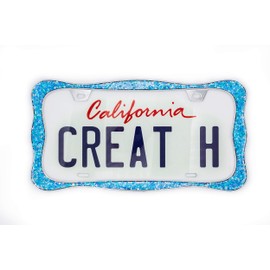 Creathome 3D Shining License Plate Frame, Chrome with Blue Butterfly Chunky Gliter, Pure Zinc Alloy Metal