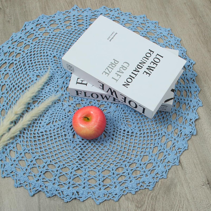 kilofly Handmade Crochet Cotton Lace Table Sofa Doily, Waterlily, Blue,