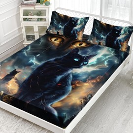AILONEN Black Cat Fitted Sheet Set for Boys Girls,Goth Cat Bed Sheet Set Twin XL Size,Bedroom Decor Terror 3D Sky Moon Cat Gothic Moth Themed Fitted Sheet with 2 Pillowcases,3 Piece