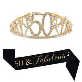 Happy 50th Birthday Tiara and Sash Gifts Crystal Rhinestone Princess Crown Birthday Queen Party Favor Supplies Gold Crowns Black Sash