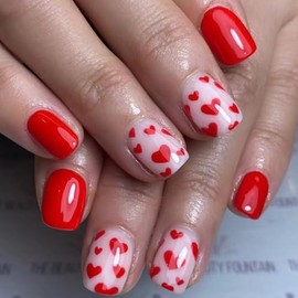 24Pcs Heart Nails Press on Nails Short Square Valentine's Day Fake Nails Red Glue on Nails Romantic Valentines Nails Designs Heart False Nails Glossy Artificial Acrylic Nails for Women