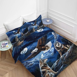 Lovira Bald Eagle Wolf 3D Print 3 Pieces Bedding Comforter Set with 2 Pillowcase Twin Size Duvet Cover Bed Sheet Quilt Stuff Bedroom Decor for Lover Adults Kids