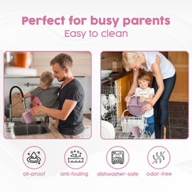 2025 Silicone Baby Feeding Set - All in One: Spoon, Fork, Suction Bowl, Divided Suction Plate, Sippy Cup, Silicone Bib and Travel Bib -6 + Month, Toddler & Baby silicone feeding set - BPA free, Pink