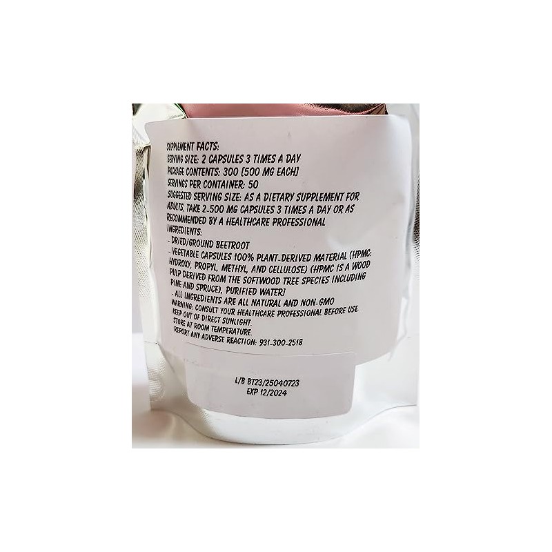 Beetroot Powder Capsules 300 Ct - Pure Herbal Supplement, Fresh