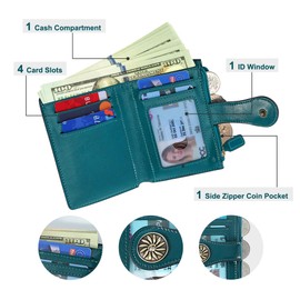 Tipmile Small Wallet Women Bifold RFID Blocking Card Holder Leather Wallets with Zipper Coin Pocket, Peacock Blue, Minimalist