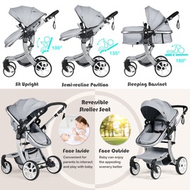 BABY JOY 2-in-1 High Landscape Baby Stroller, Reversible Bassinet Reclining Stroller, Foldable Push Chair w/Adjustable Canopy, Storage Bag, Foot Cover, Rain Cover & Net, Aluminum Alloy Frame (Gray)