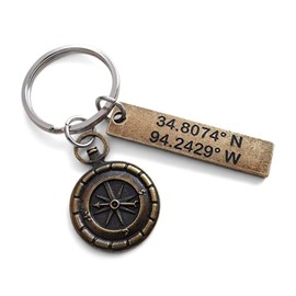 Custom Bronze Antique Compass Keychain with Engraved Coordinates Tag for Couples or Best Friends, Anniversary Gift Keychain