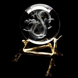 Dragon Crystal Ball, Approx. 3.1 inches (80 mm), Ryujin Chrysanthemum, Figurine, Artificial Crystal, Round Ball, With Base, New Year, Luck, Carved, Figurine, Dragon, Chinese Year Power Stone