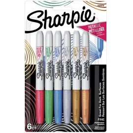 Sharpie Metallics Permanent Markers, Fine Tip, Assorted Colors, 6 Pack
