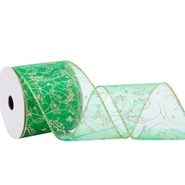 QIANF - Cinta de organza verde con alambre transparente con patrón de remolino de purpurina y borde metálico, cinta de malla de borde de alambre de 2.5 x 10 yardas para decoración del árbol de Navidad