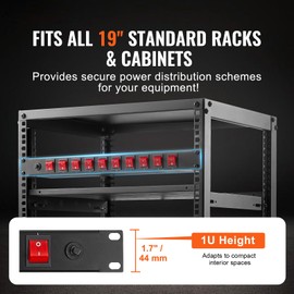 Happybuy 1U PDU, 10 Outlets Rack Mount Power Strip for Standard 19" Server Racks, Independent Switch, Surge & Overload Protection, 110-125V/15A, Ideal for Home & Office