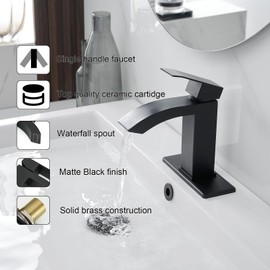 BATHLAVISH Black Bathroom Faucet Waterfall Single Hole Single Handle Faucet with Pop Up Drain Modern Lavatory Vanity Sink 1 or 3 Hole Deck Mount Matte