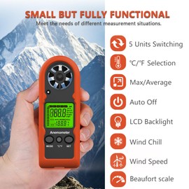 Handheld Anemometer, Mini Digital Wind Speed Meter Gauge for Air Flow Velocity cfm Measuring Device, Wind Temperature Test for HVAC Outdoor Sailing Fishing Shooting Drone Flying 816B