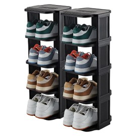 UFORU Small Shoe Rack, 10 Tier Plastic Vertical Shoe Rack for Small and Narrow Spaces, Free Standing Shoe Organizer for Closet, Entryway (Black)