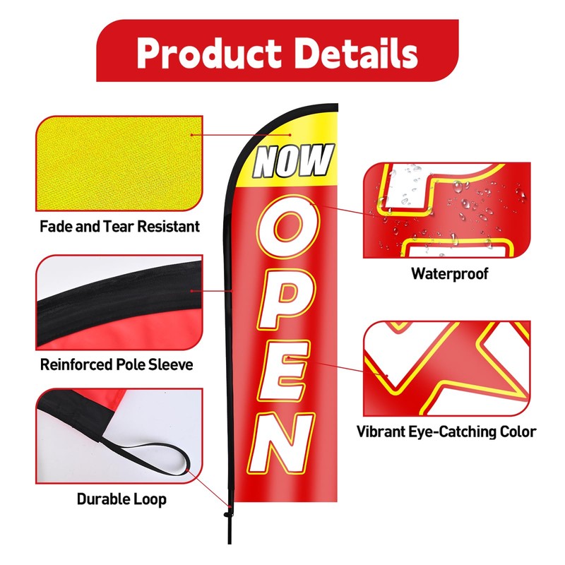 NOW OPEN Feather Flag, 8.2ft NOW OPEN Sign with Aluminum