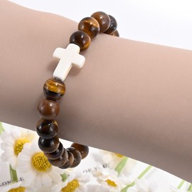 VIBILIA Beaded Bracelets for Women, Inspirational Cross Bracelet for Women, Natural Gemstone Brown Jesus Bracelet, Christian Gifts for Mom, Daughter, Wife, Sister, Friend Birthday Mother's Day