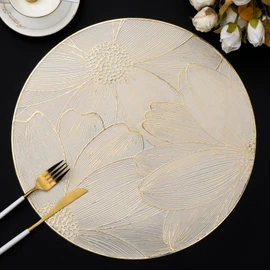 Evevda Gold Vinyl Placemats Set of 6 Flower Placemats Round 15 inch Dining Table Mats for Kitchen Tables Restaurants Dinners Weddings Gatherings