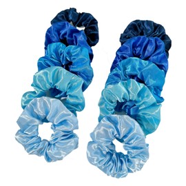 10Pcs Silk Satin Scrunchies for Women,Solid Color Blue Satin Hair Scrunchies Accessories for Thick Curly Hair Elastics Ties Ponytail Holder for Women Girls Gifts