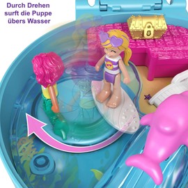 -​Polly Pocket Dolphin Beach Compact, Beach Adventure Theme with Micro Polly & Mermaid Doll, 5 Reveals & 13 Accessories