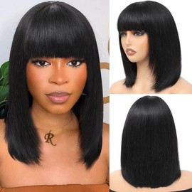 Bob Wig with Bangs Human Hair 10inch Wigs Straight Layered Bob Wigs with Bangs 100% Human Hair Wig Glueless 2.5x1inch Closure Lace Human Hair BoB Wigs for Black Women 1B#'