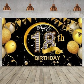 Costume Bay Black Gold Happy Birthday Backdrop Banner 180 * 110 cm Large Background Cloth Photo Party Large Decoration Sign for Birthday Party (Black - 18th, ONE)