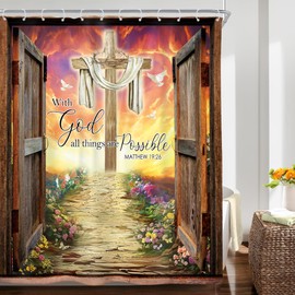 Riyidecor Bible Verse Rustic Barn Door Cross Shower Curtain Inspirational Quote Positive Christian Scripture 60Wx72H Inch Vintage Floral Fabric Decor Bathroom Polyester Waterproof 12 Pack Hooks