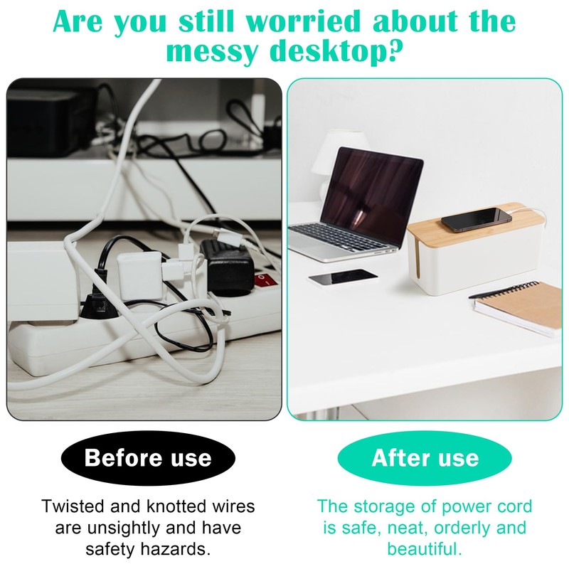 Cable Tidy Box White Cable Box with Bamboo Lid Cable