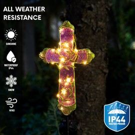 Quterhero Solar Cross Stake for Cemetery Grave, Memorial Grave Decoration with Flowers and LED Light, Outdoor Solar Cross for Lawn Garden Pathway Decor (Fuchsia)