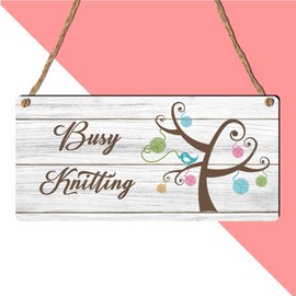 "Busy Knitting" Sign - Whimsical Craft Room Decor for Knitting Enthusiasts, Cozy Home Accent, MDF Wood Plaque with Rustic Twine Hanger
