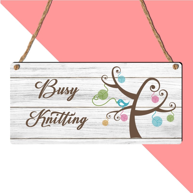 "Busy Knitting" Sign - Whimsical Craft Room Decor for Knitting