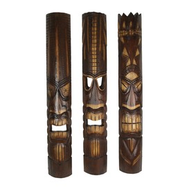 Set of 3 Hand-Carved Wood Tiki God Wall Hanging Masks 40 Inches High - Tropical Beach Home Decor - Symbolic Deities Kanaloa, Kāne, and Lono - Unique Artisan Craftsmanship