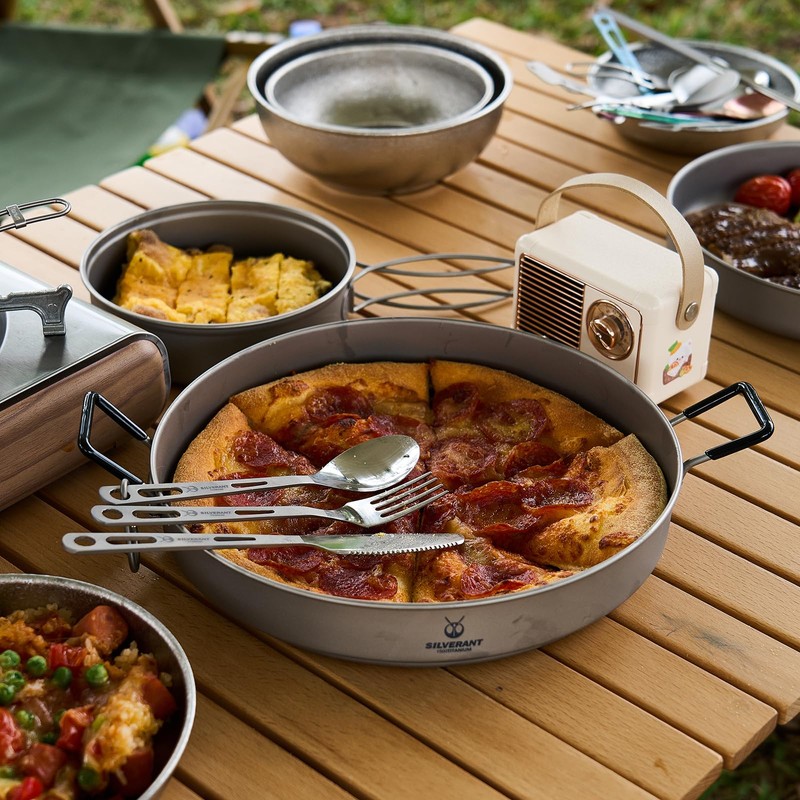 SILVERANT Titanium Camping Plates, Outdoor Dishware with Folding Handle Portable