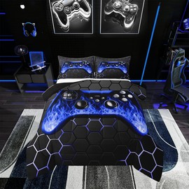 Erosebridal Gamer Room Decor for Boys Full Comforter Set,Anime Gaming Bedding Sets for Boys Blue Black Gamer Comforter with Honeycomb Geometric Pattern for Kids Teen Cool Game Black Quilt (Blue,Full)