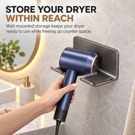 Hair Dryer Wall Holder for Bathroom – No-Drill Aluminum Storage Rack with Cord Hook for Vanity Organization