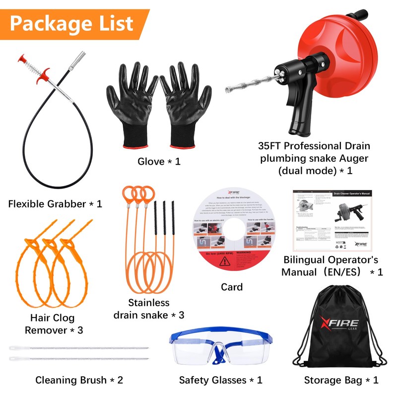 35FT Drain Snake Tools, 14-in-1 Double Mode Drain Auger (New)