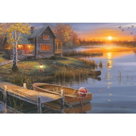 Rivers Edge Products LED Canvas Wall Art, 24 by 16 Inches, Fiber Optic Light Up Wall Decor, Battery Operated Lighted Nature Canvas Print, LED Light Kitchen, Bedroom, or Home Decor, Lake Cabin