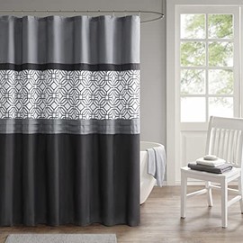 510 DESIGN Shower Curtain, Geometric Textured Embroidery Design with Built-in Liner, Modern Mid-Century Bathroom Decor, Machine Washable, Fabric Privacy Screen, 72x72, Donnel, Black/Grey