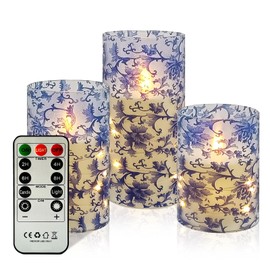 Flickering Flameless Candles Blue and White Porcelain Print, Embedded Star String Lights, Battery Operated Acrylic LED Pillar Candles with 11-Key Remote and Timer for Home Decoration, 3 Pack