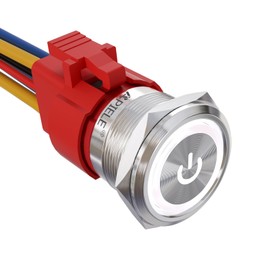 APIELE 22mm Latching Push Button Switch 12V 10A Power Symbol Ring Led Car Metal with Socket Plug 1NO1NC SPDT ON/Off 0.87" 1 Pack (Silver Shell, White)